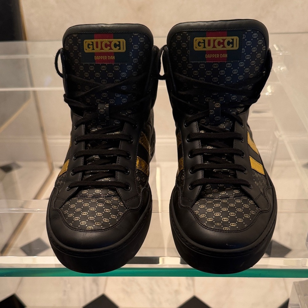 Gucci Dapper Dan Black and Gold High Top Patterned Sneakers